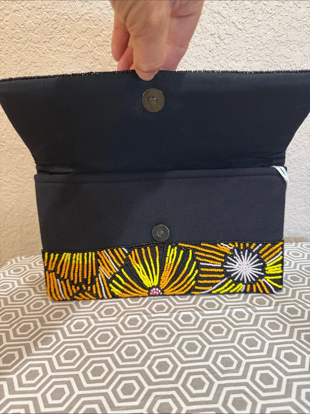 2 Chic Beaded Floral Envelope Clutch in Pink, Yellow & Black